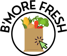 Illustration of a bag of groceries with text "B'More Fresh" arced over it